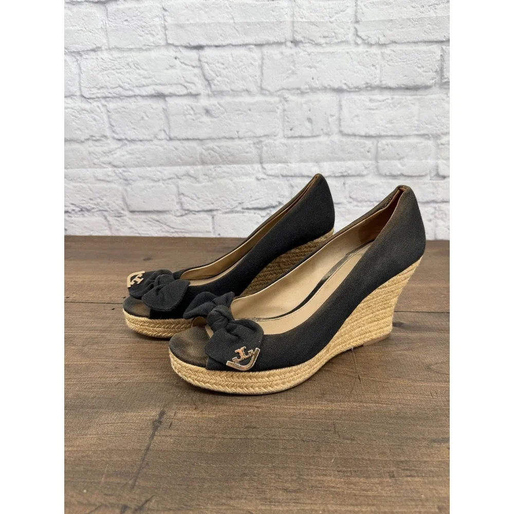Tory Burch Black Canvas Bow Peep Toe Espadrille Wedge Sandals Womens 9.5